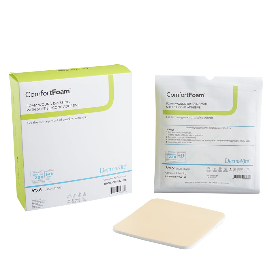 ComfortFoam� Silicone Adhesive without Border Silicone Foam Dressing, 6 x 6 Inch-Foam Dressing ComfortFoam� 6 X 6 Inch Without Border Film Backing Silicone Face Square Sterile
