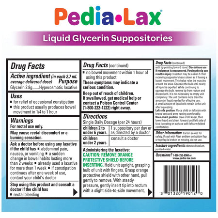 Pedia-Lax Glycerin Laxative-Laxative Pedia-Lax Suppository 6 per Box 2.8 Gram Strength Glycerin