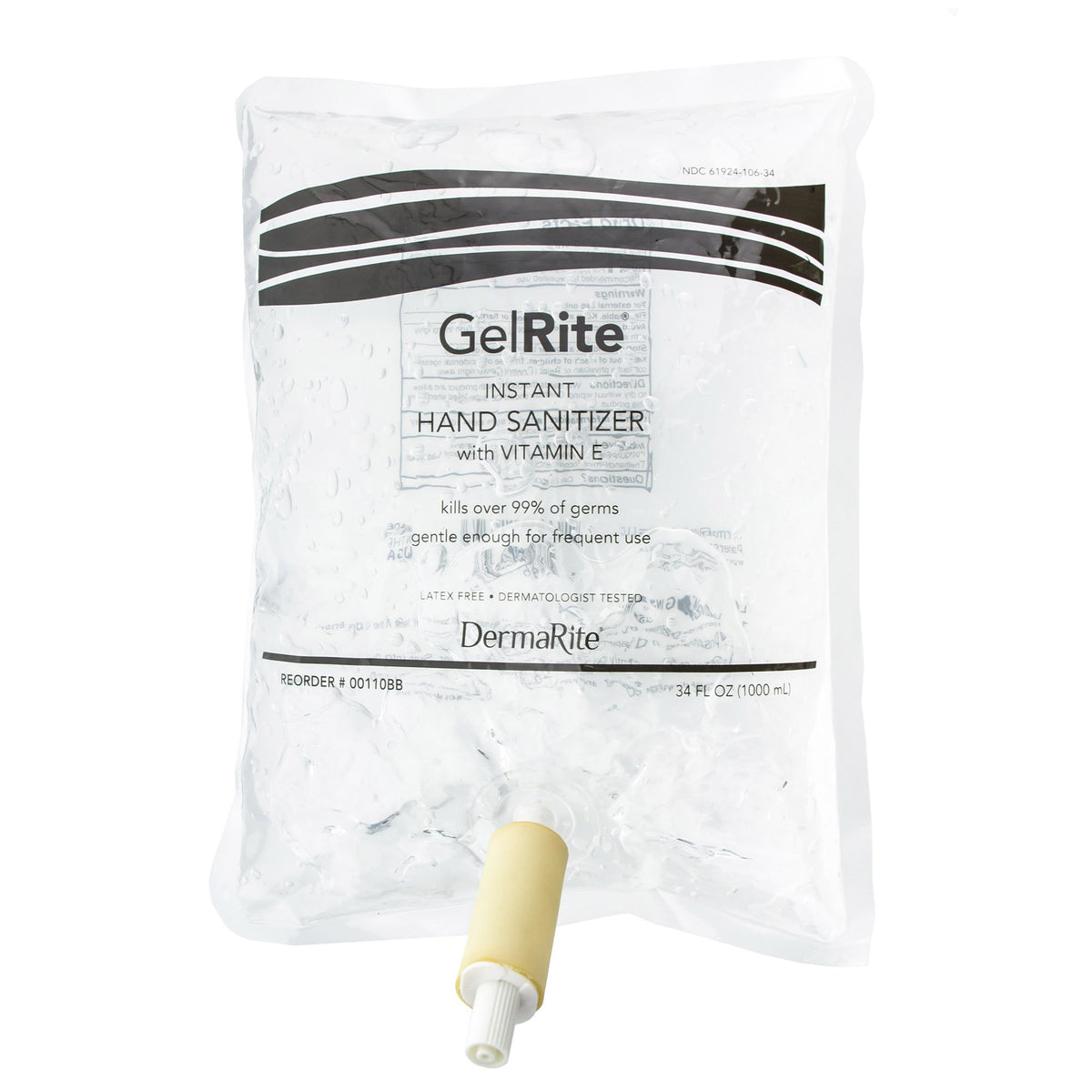 GelRite Instant Hand Sanitizer, 1000 mL Dispenser Refill-"Hand Sanitizer GelRite 1,000 mL Ethyl Alcohol Gel Dispenser Refill Bag"