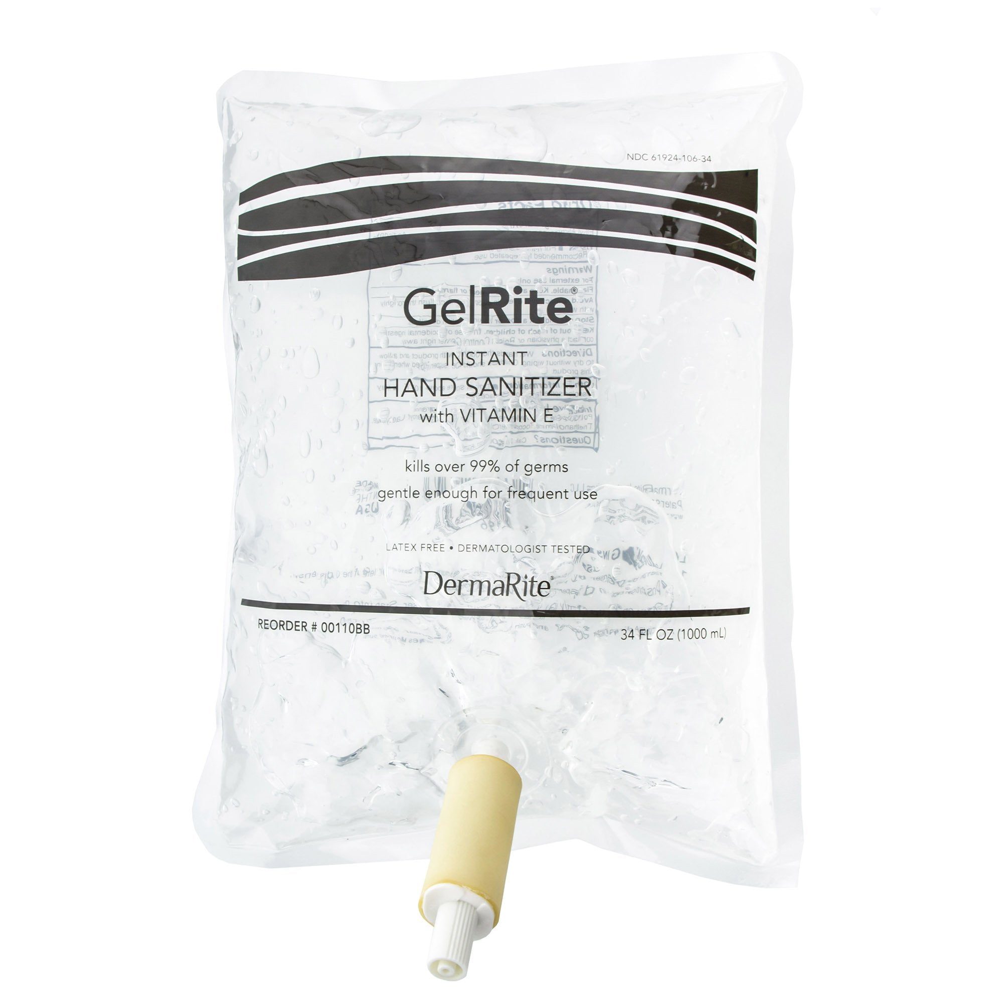 GelRite Instant Hand Sanitizer, 1000 mL Dispenser Refill-"Hand Sanitizer GelRite 1,000 mL Ethyl Alcohol Gel Dispenser Refill Bag"