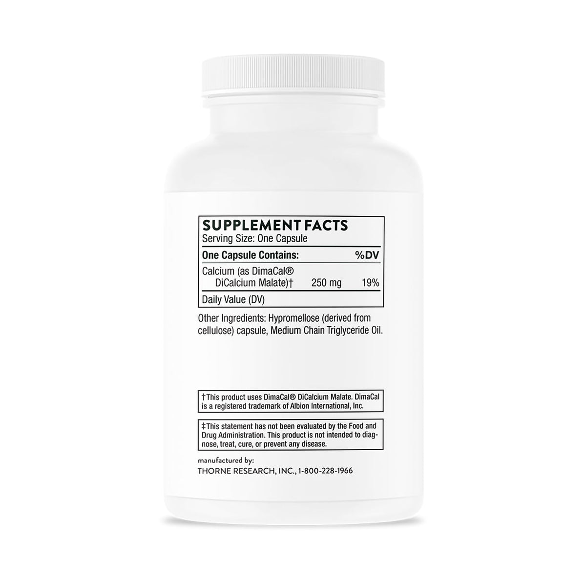 Thorne Chelated Calcium for Enhanced Absorption Dietary Supplement-Dietary Supplement THORNE Calcium Calcium (as DimaCal DiCalcium Malate) 250 mg Strength Capsule 120 per Bottle
