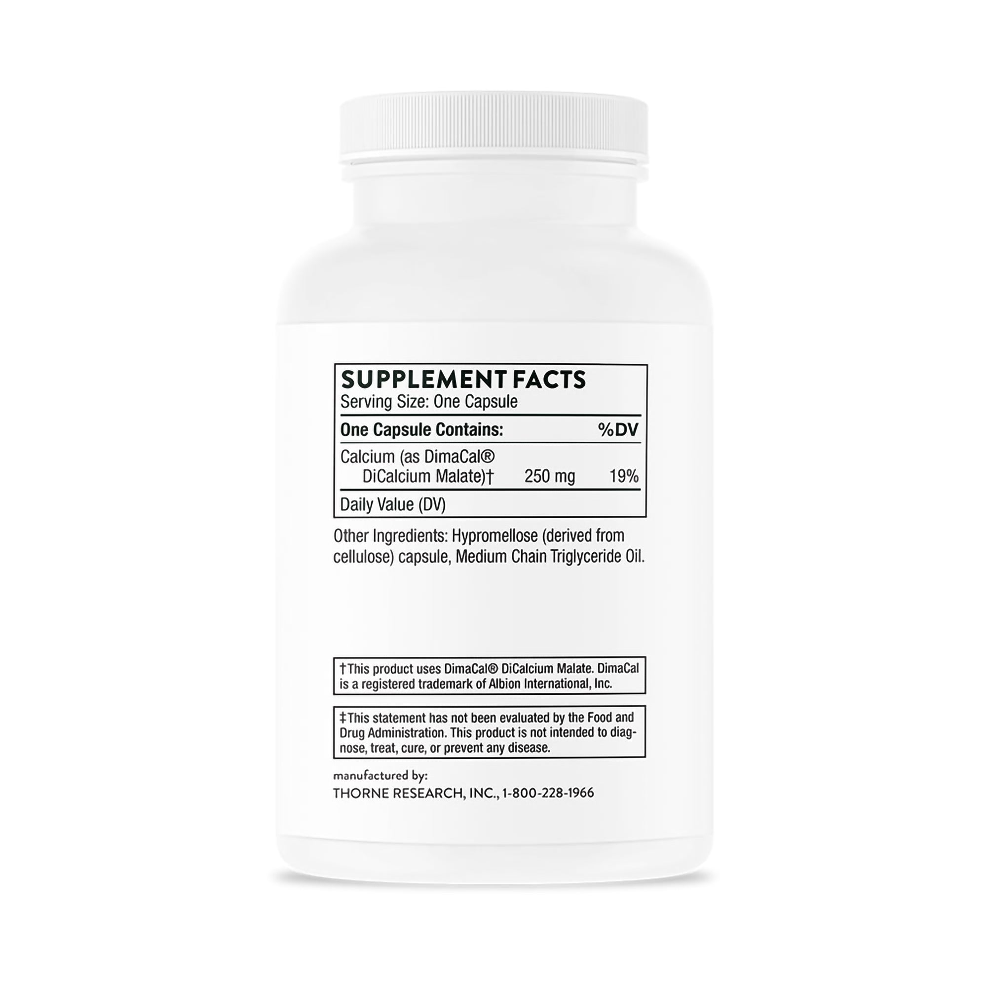 Thorne Chelated Calcium for Enhanced Absorption Dietary Supplement-Dietary Supplement THORNE Calcium Calcium (as DimaCal DiCalcium Malate) 250 mg Strength Capsule 120 per Bottle