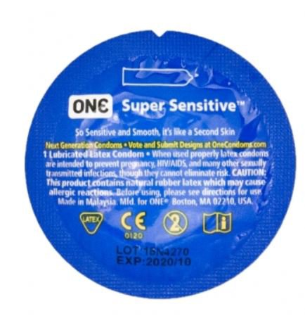 One Super Sensitive Lubricated Rubber Condom-"Condom ONE Lubricated One Size Fits Most 1,000 per Box"