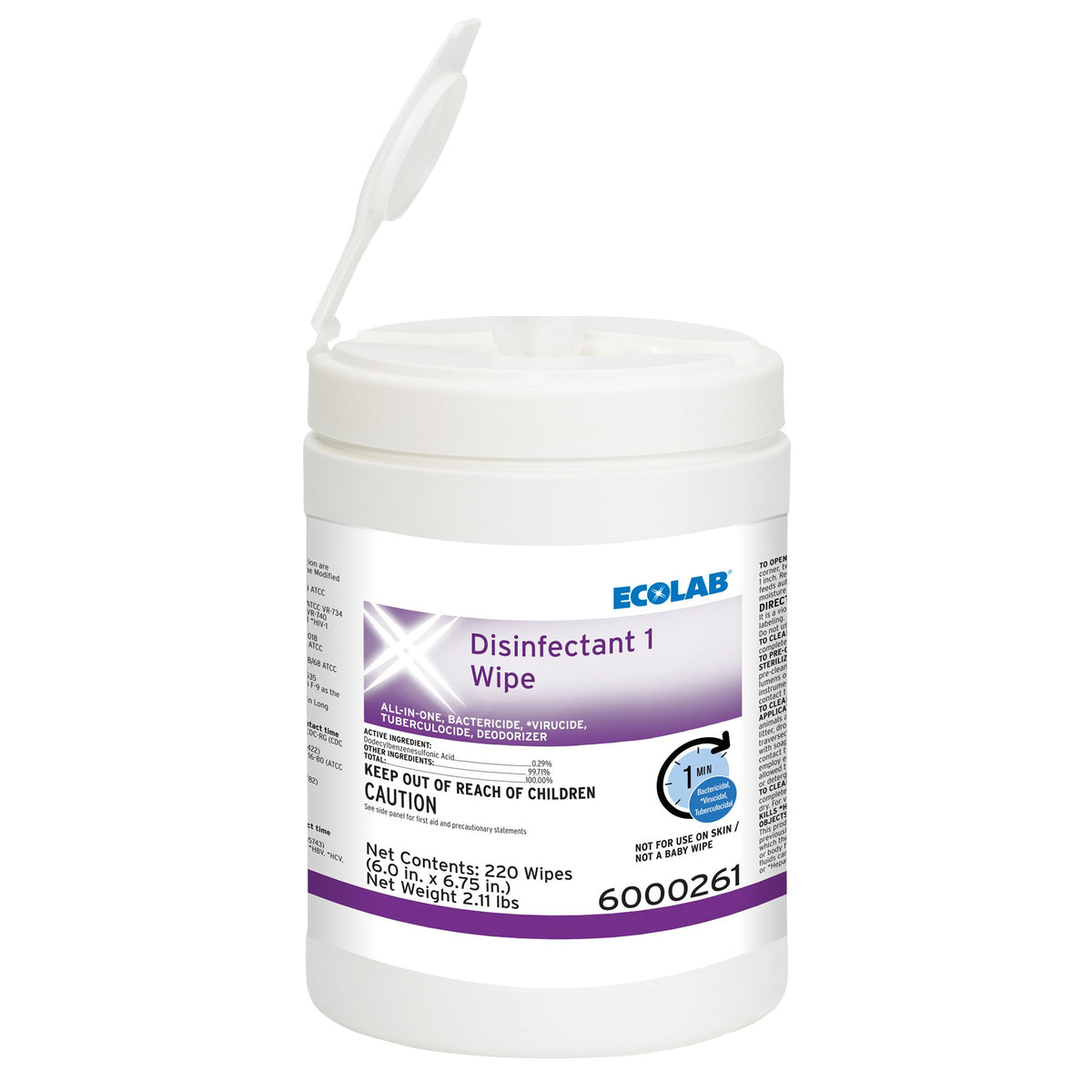 Ecolab Disinfectant 1 Surface Disinfectant Cleaner, 220 Wipes-Ecolab Disinfectant 1 Surface Disinfectant Cleaner Bactericidal Manual Pull Wipe 220 Count Canister Sweet Scent NonSterile
