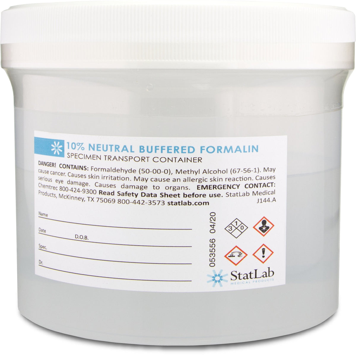 StatLab Prefilled Formalin Container, 500 mL Fill in 1,000 mL-"Prefilled Formalin Container 500 mL Fill in 1,000 mL (32 oz.) Screw Cap Warning Label / Patient Information NonSterile"