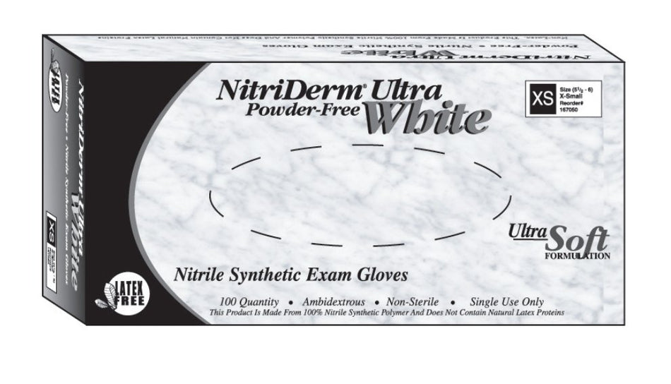 NitriDerm Ultra White Nitrile Exam Glove, Medium-Exam Glove NitriDerm Ultra White Medium NonSterile Nitrile Standard Cuff Length Fully Textured White Chemo Tested / Fentanyl Tested