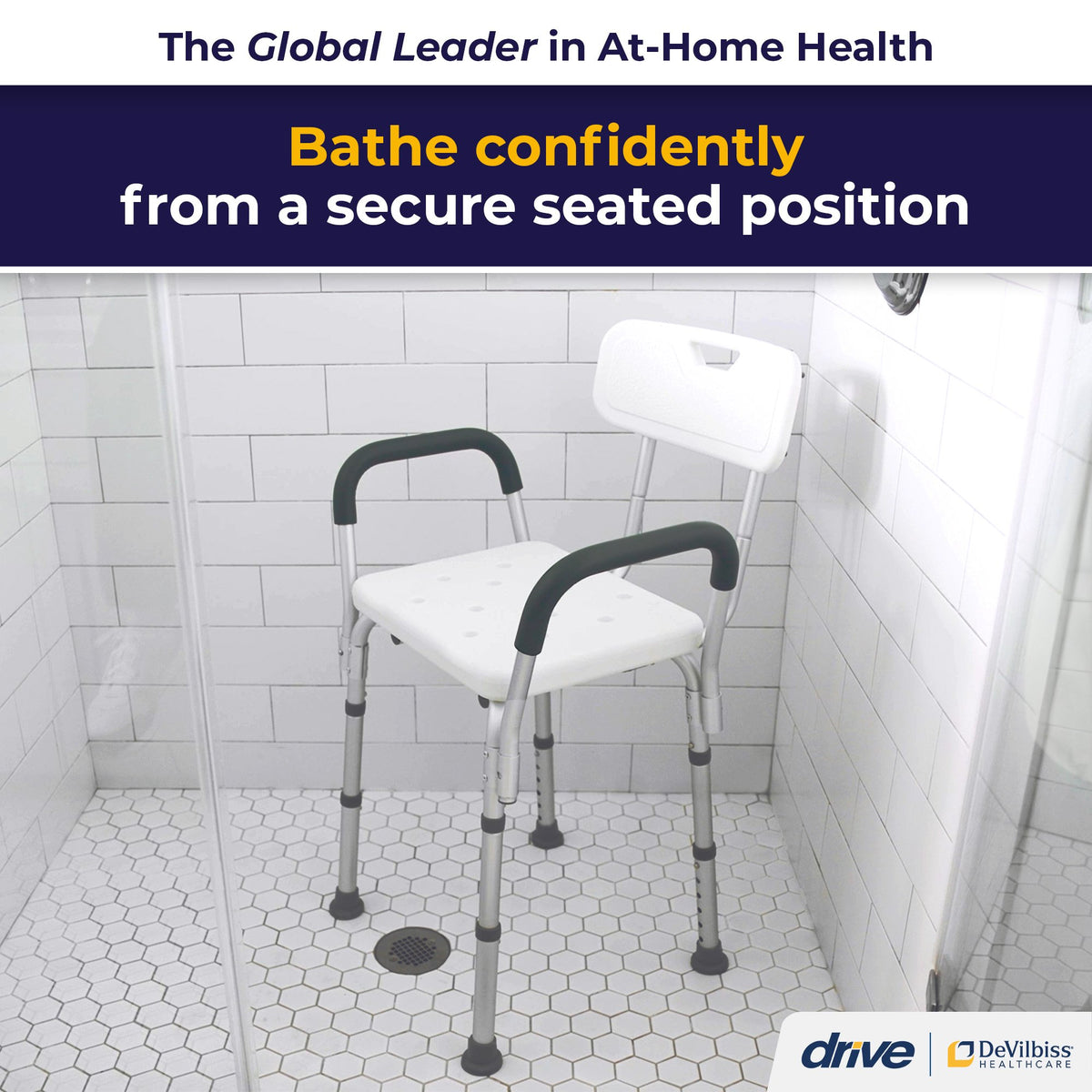 drive Shower Chair with Back and Removable Padded Arms-Bath Bench drive Padded Removable Arms Aluminum Frame With Backrest 16 Inch Seat Width 300 lbs. Weight Capacity