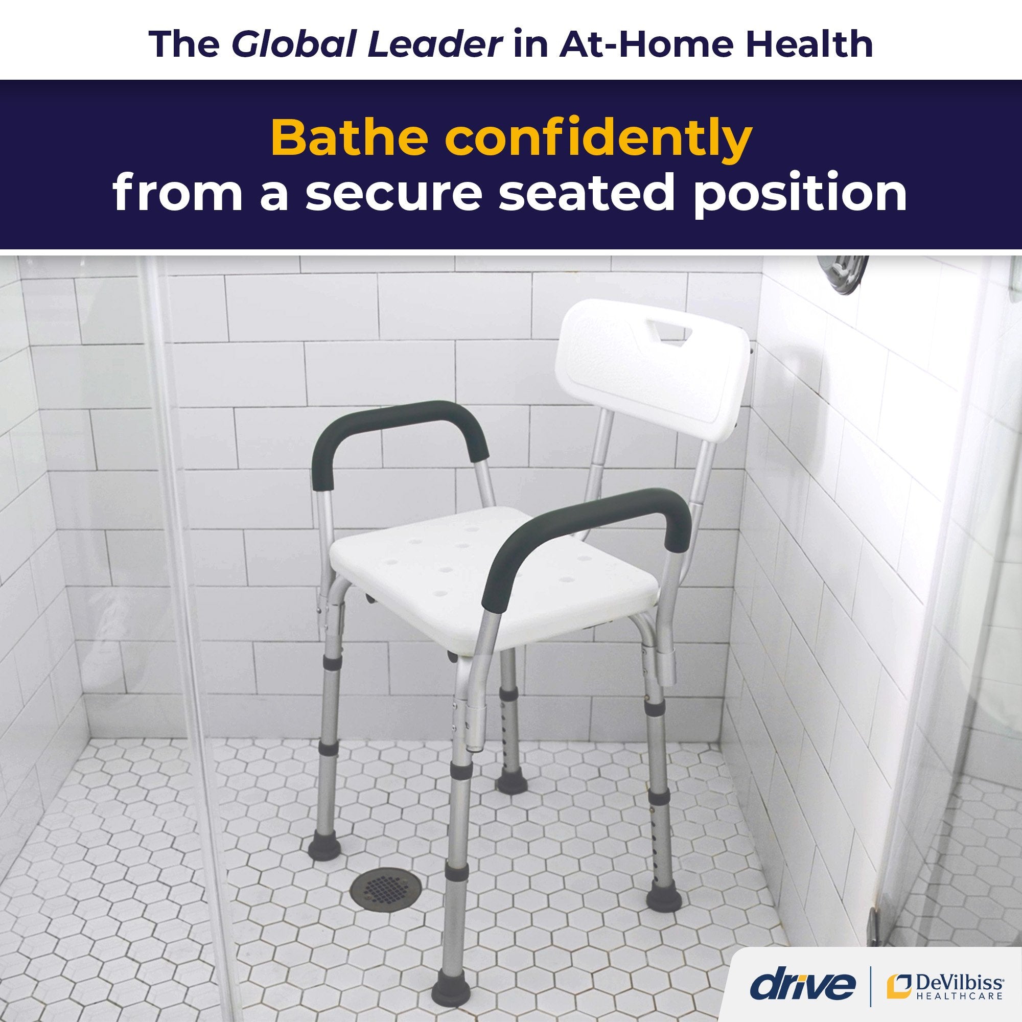 drive Shower Chair with Back and Removable Padded Arms-Bath Bench drive Padded Removable Arms Aluminum Frame With Backrest 16 Inch Seat Width 300 lbs. Weight Capacity