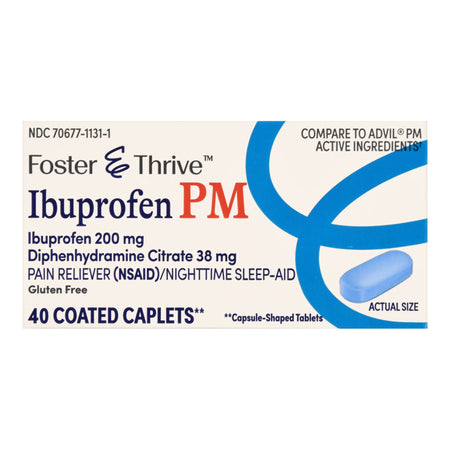 Foster & Thrive Ibuprofen PM 200 mg Diphenhydramine Citrate 38 mg Coated Caplets-Nightime Pain / Allergy Relief Foster & Thrive 200 mg - 38 mg Strength Ibuprofen / Diphenhydramine Capsule 40 per Bottle