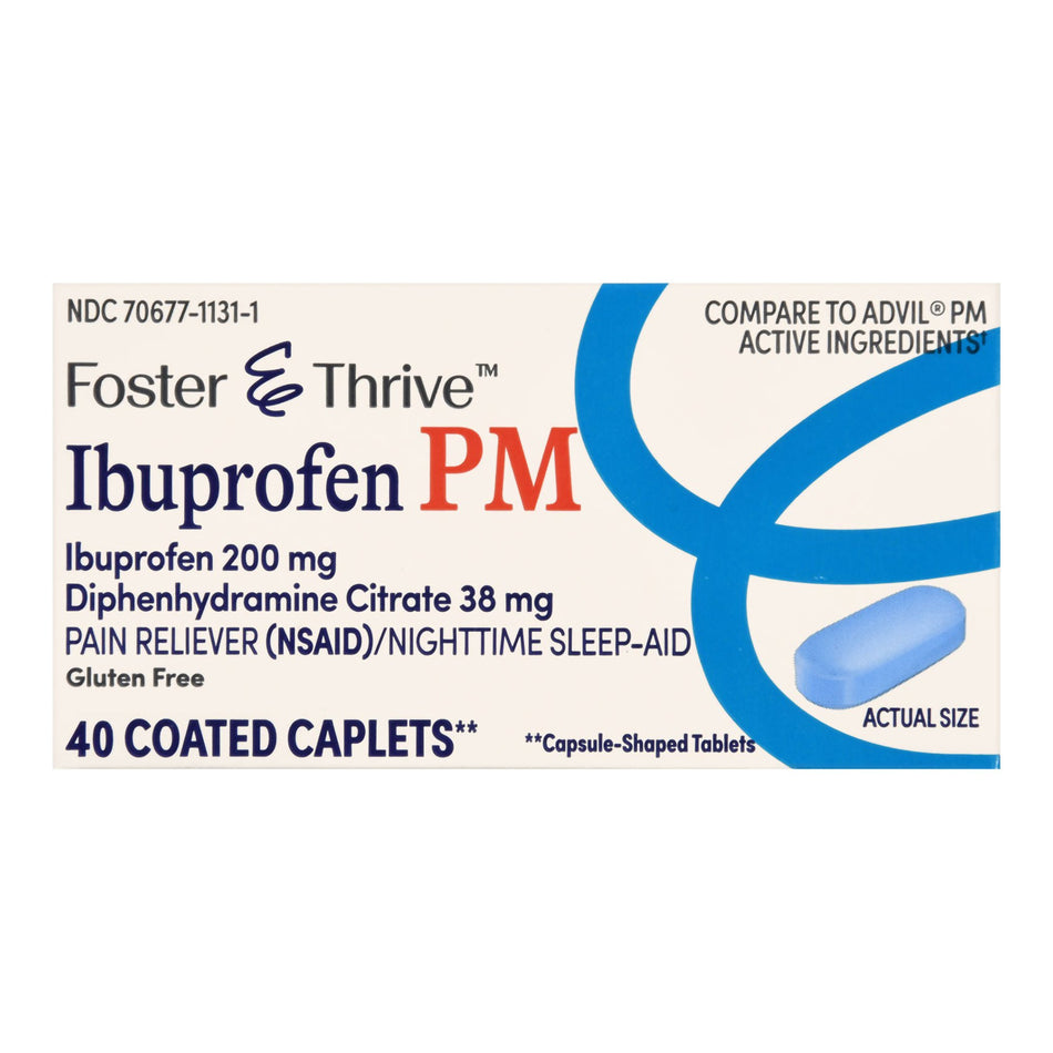 Foster & Thrive Ibuprofen PM 200 mg Diphenhydramine Citrate 38 mg Coated Caplets-Nightime Pain / Allergy Relief Foster & Thrive 200 mg - 38 mg Strength Ibuprofen / Diphenhydramine Capsule 40 per Bottle