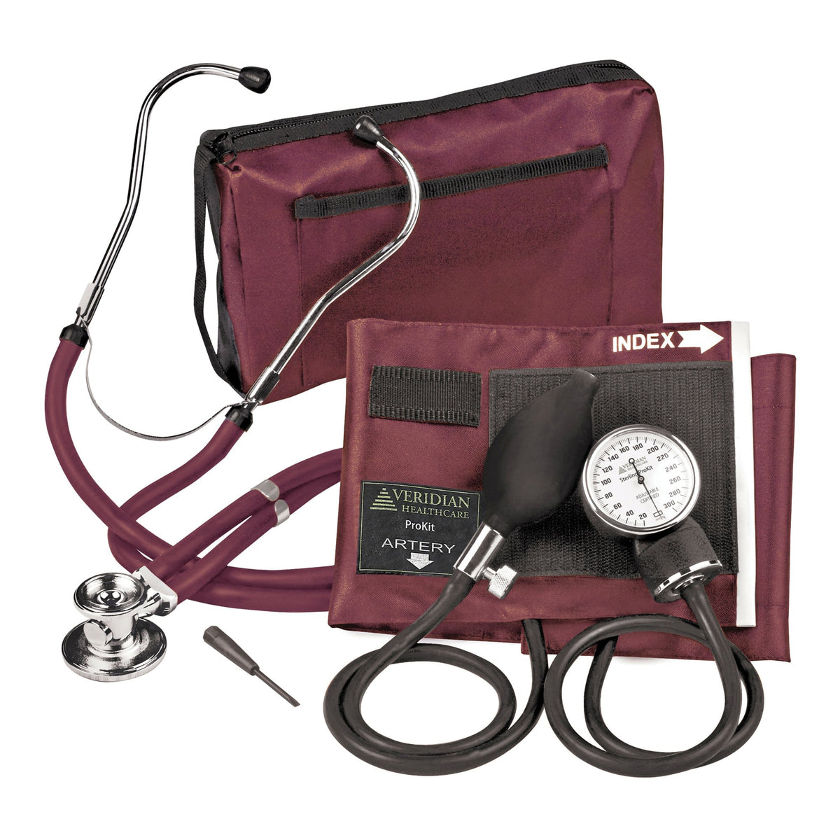 Sterling Series ProKit Aneroid Sphygmomanometer with Stethoscope, Burgundy-Reusable Aneroid / Stethoscope Set Veridian 27.9 to 41.6 cm Adult Cuff Dual Head General Exam Stethoscope