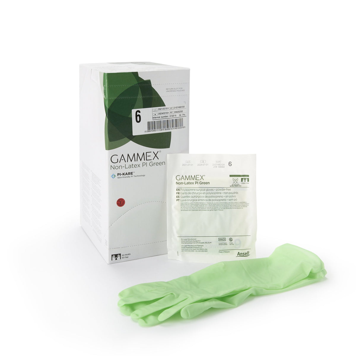 Gammex Non-Latex PI Green Polyisoprene Surgical Glove, Size 6, Light Green-Surgical Glove GAMMEX Non-Latex PI Green Size 6 Sterile Polyisoprene Standard Cuff Length Micro-Textured Light Green Chemo Tested