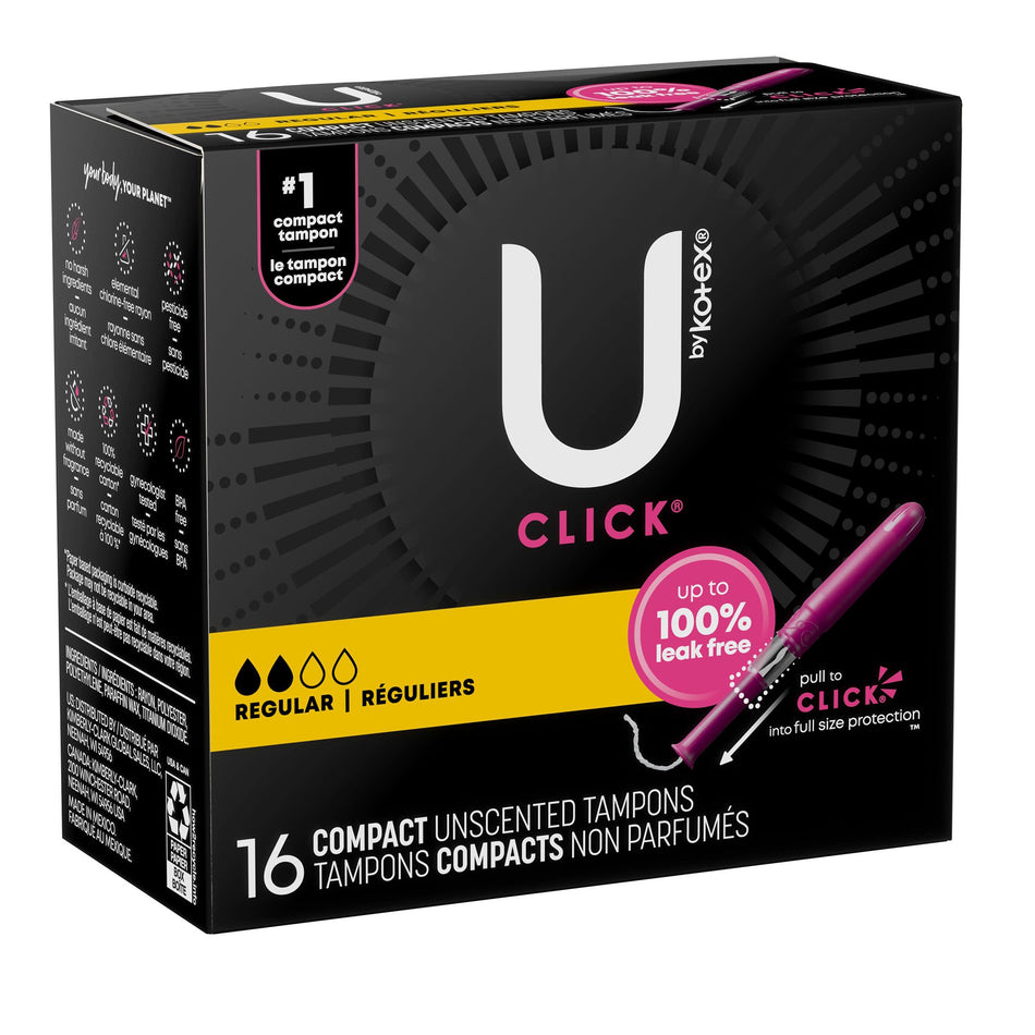 U By Kotex Click Compact Tampons, Regular-Tampon U by Kotex Click Regular Absorbency Plastic Applicator Individually Wrapped