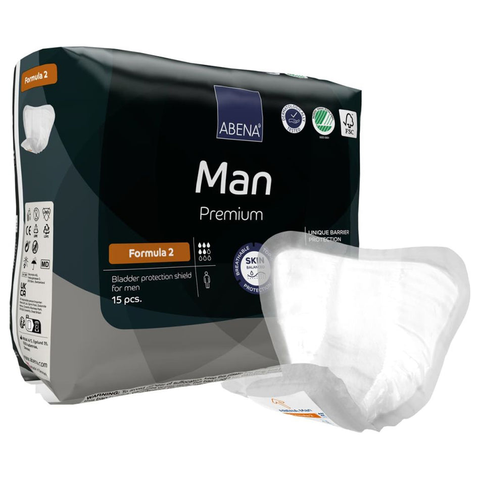 Abena Man Premium Bladder Protection Shield, Formula 2-Bladder Control Pad Abena Premium Man 9 X 11.4 Inch Moderate Absorbency Fluff / Polymer Core Size 2