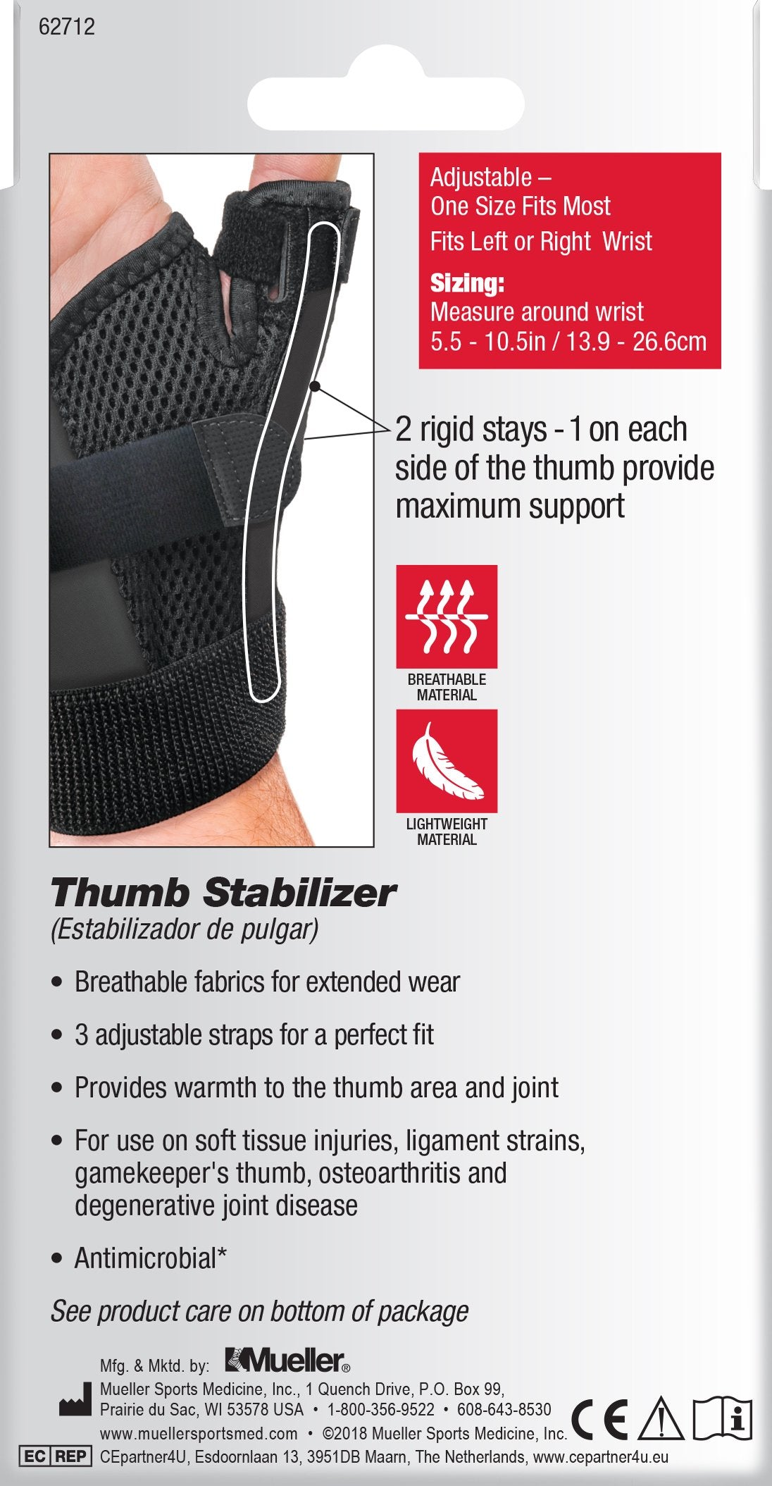 Thumb Stabilizer Mueller Sport Care® Adult One Size Fits Most D-Ring / Hook and Loop Strap Closure Left Hand Black - Ortho...