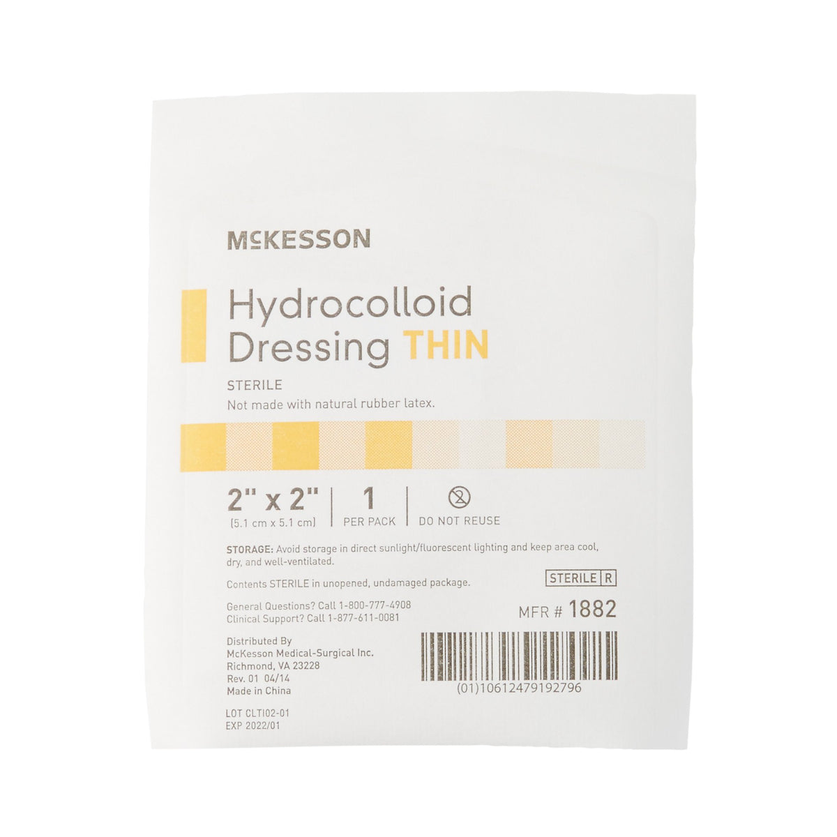 McKesson Hydrocolloid Dressing, 2 x 2 Inch-Thin Hydrocolloid Dressing McKesson Film Backing 2 X 2 Inch Square Hydrocolloid