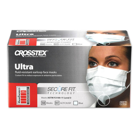 Crosstex Ultra Mask with Secure Fit, Blue-Procedure Mask Ultra ASTM Level 3 Earloops One Size Fits Most