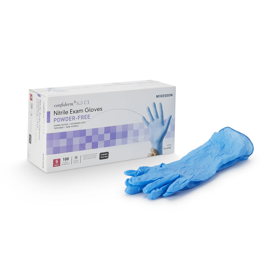 McKesson Confiderm 6.5CX Nitrile Extended Cuff Length Exam Glove, Small, Blue-Exam Glove McKesson Confiderm 6.5CX Small NonSterile Nitrile Extended Cuff Length Textured Fingertips Blue Chemo Tested