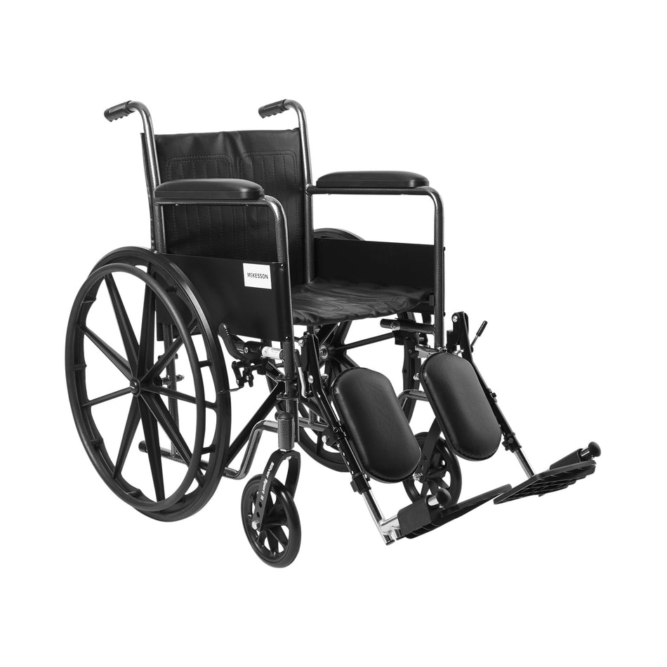 McKesson Wheelchair, 18 Inch Seat Width-Wheelchair McKesson Dual Axle Full Length Arm Swing-Away Elevating Legrest Black Upholstery 18 Inch Seat Width Adult 300 lbs. Weight Capacity