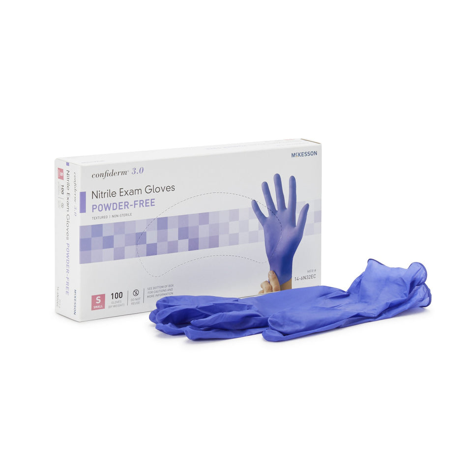 McKesson Confiderm 3.0 Nitrile Exam Glove, Small, Blue-Exam Glove McKesson Confiderm 3.0 Small NonSterile Nitrile Standard Cuff Length Textured Fingertips Blue Not Rated
