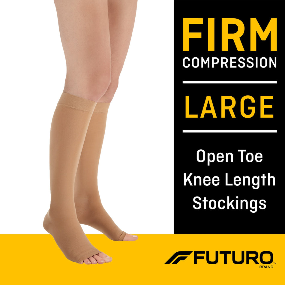3M Futuro Compression Stockings, Open Toe, Firm Compression, Unisex, Large, Beige, Knee High-Compression Stocking 3M Futuro Knee High Large Beige Open Toe
