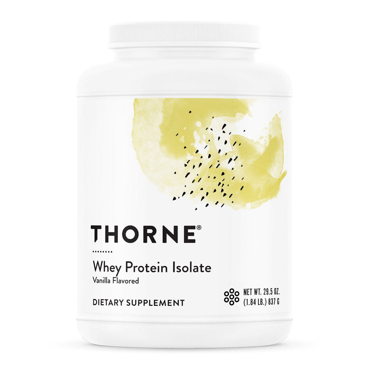 Thorne Whey Protein Isolate Dietary Supplement, Vanilla Flavor-Oral Supplement THORNE Whey Protein Isolate Vanilla Flavor Powder 29.5 oz. Canister