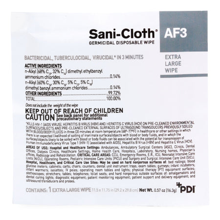 Sani-Cloth AF3 Germicidal Extra Large Disinfectant Wipes, Individual Packet, 50 ct.-Sani-Cloth AF3 Surface Disinfectant Cleaner Premoistened Germicidal Manual Pull Wipe 50 Count Individual Packet Mild Scent NonSterile