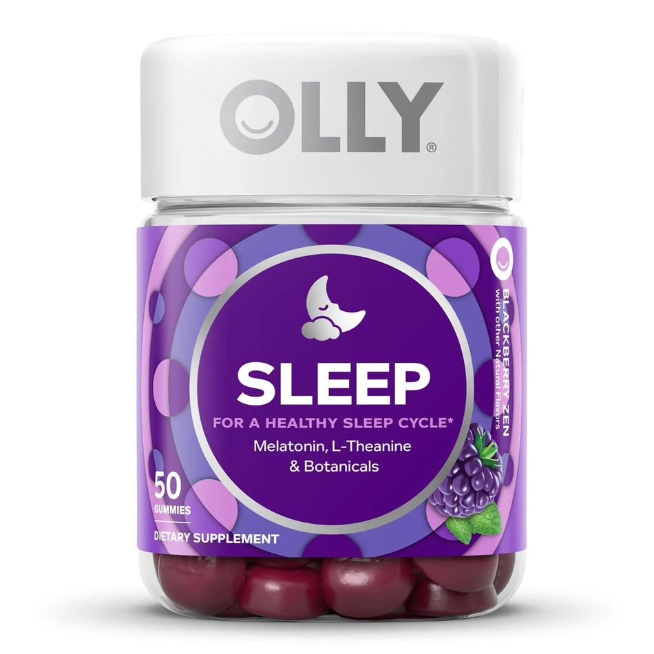 Olly Sleep Gummies, Blackberry Zen-Dietary Supplement OLLY Sleep L-Theanine / Melatonin / Botanicals 100 mg - 3 mg - 16 to 17 mg Strength Gummy 50 per Bottle Blackberry Zen Flavor