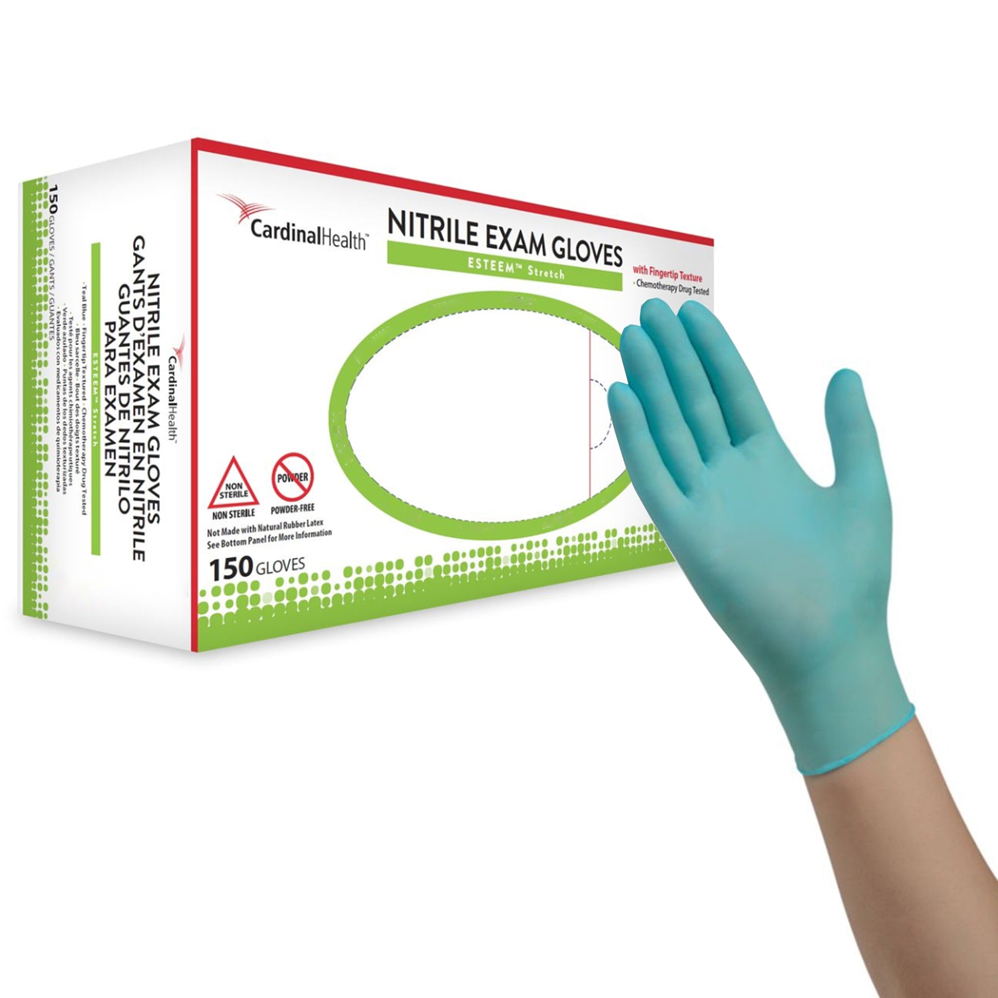Esteem Stretch Exam Glove, Small, Teal-Exam Glove ESTEEM Stretch Small NonSterile Nitrile Standard Cuff Length Textured Fingertips Teal Chemo Tested