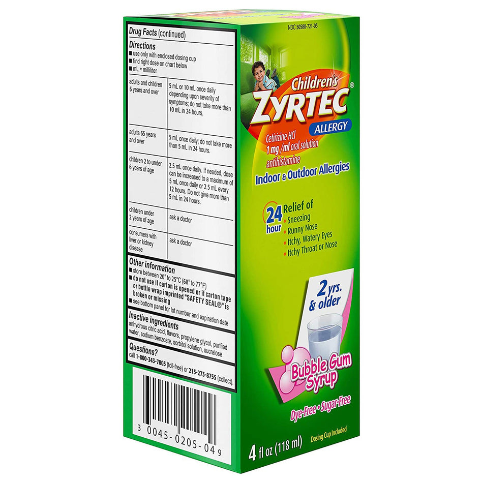 Children's Zyrtec Cetirizine Allergy Relief-Children's Allergy Relief Children's Zyrtec 1 mg / 1 mL Strength Syrup 4 oz.
