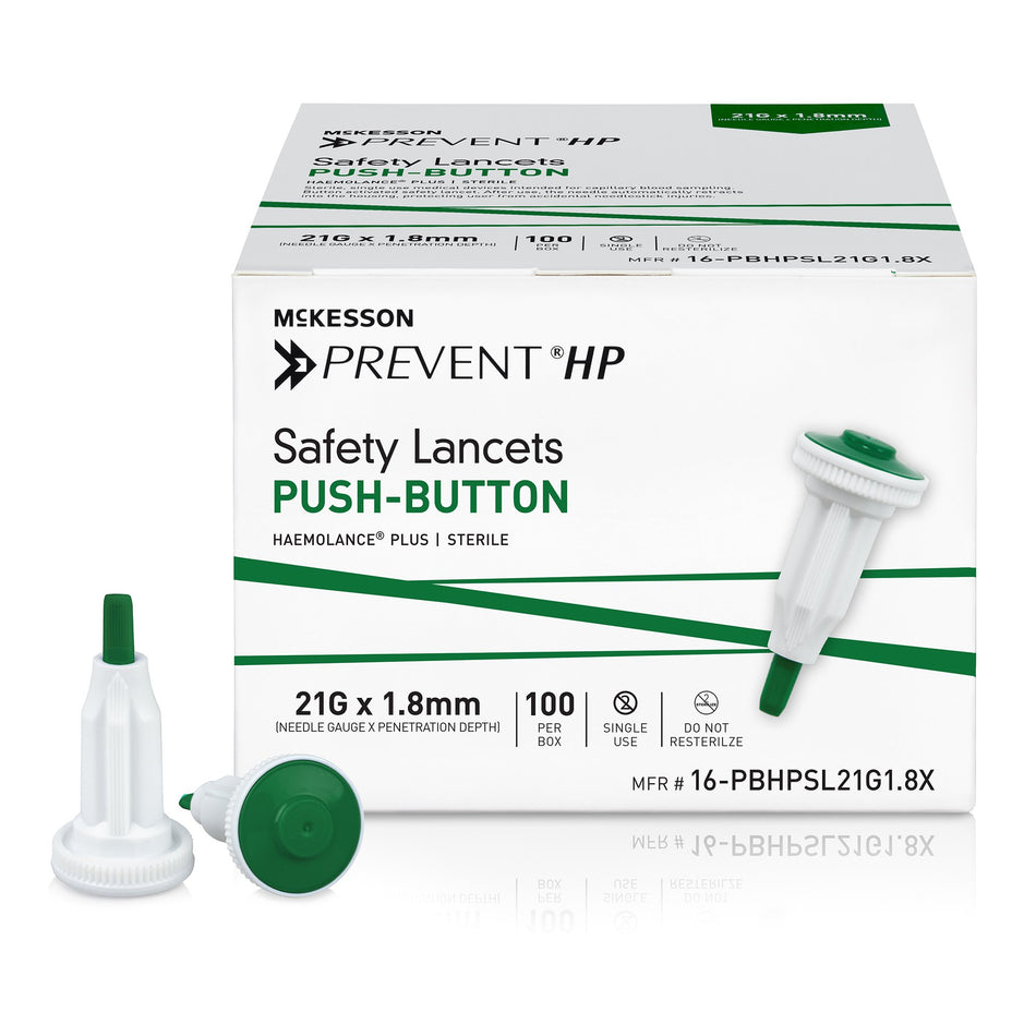 McKesson Prevent HP Push Button Safety Lancet, 21 Guage-Safety Lancet McKesson Prevent HP 21 Gauge Retractable Push Button Activation Finger