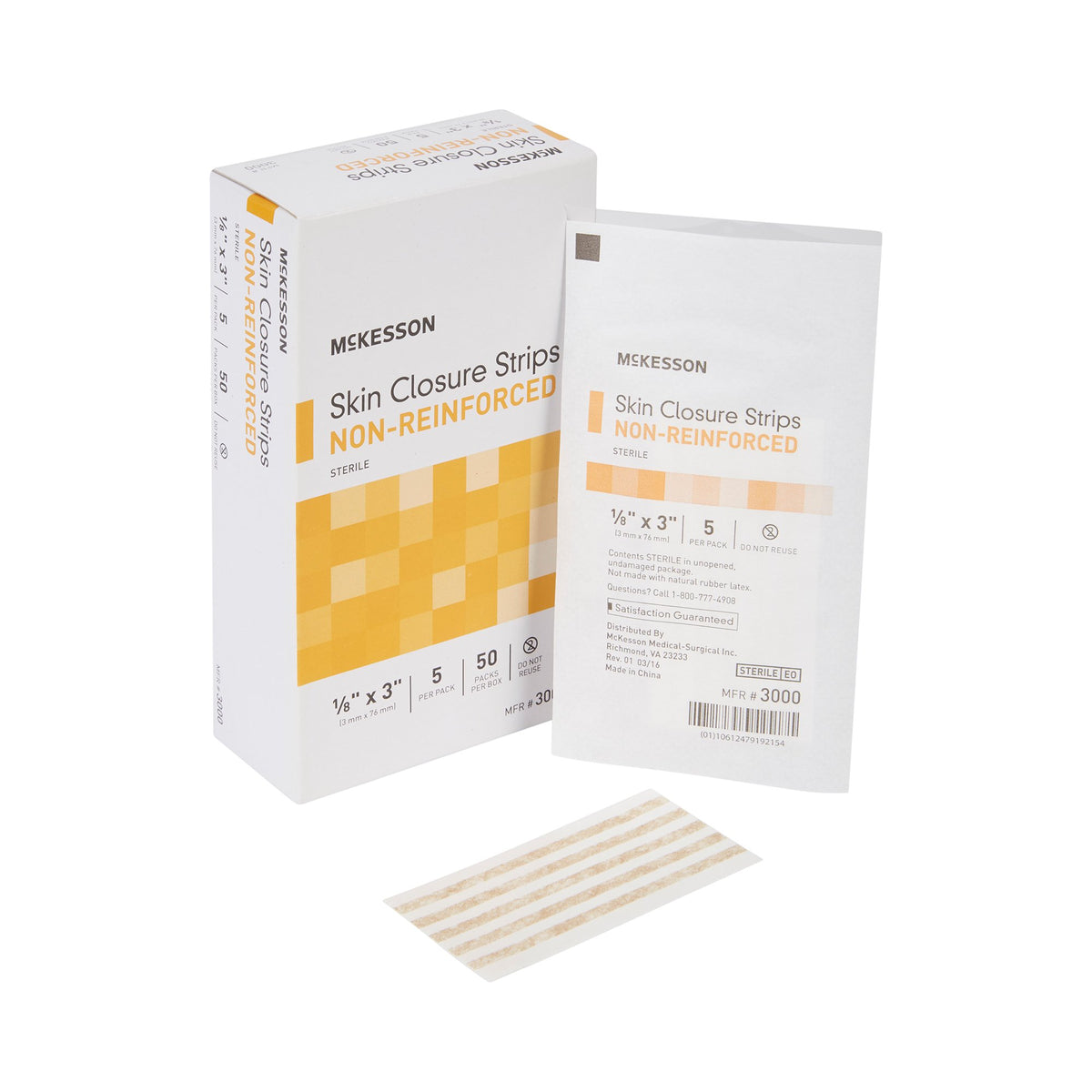 McKesson Non-Reinforced Skin Closure Strip, 1/8 x 3 in.-Skin Closure Strip McKesson 1/8 X 3 Inch Nonwoven Material Flexible Strip Tan
