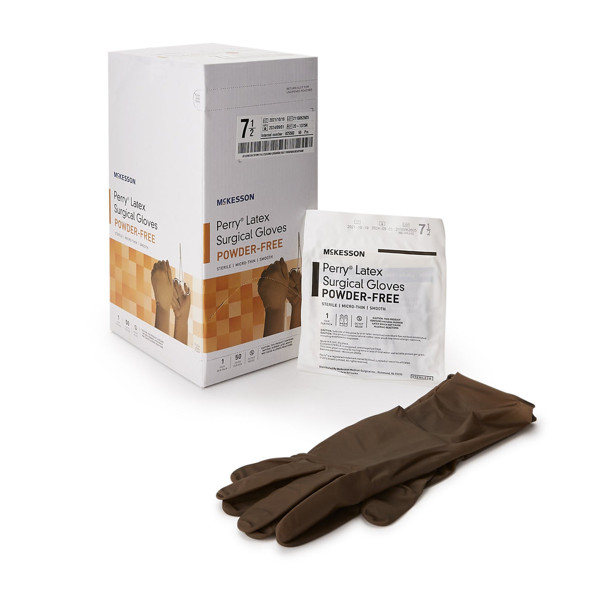 McKesson Perry Latex Surgical Glove, Size 7.5, Brown-Surgical Glove McKesson Perry Size 7.5 Sterile Latex Standard Cuff Length Smooth Brown Not Chemo Approved