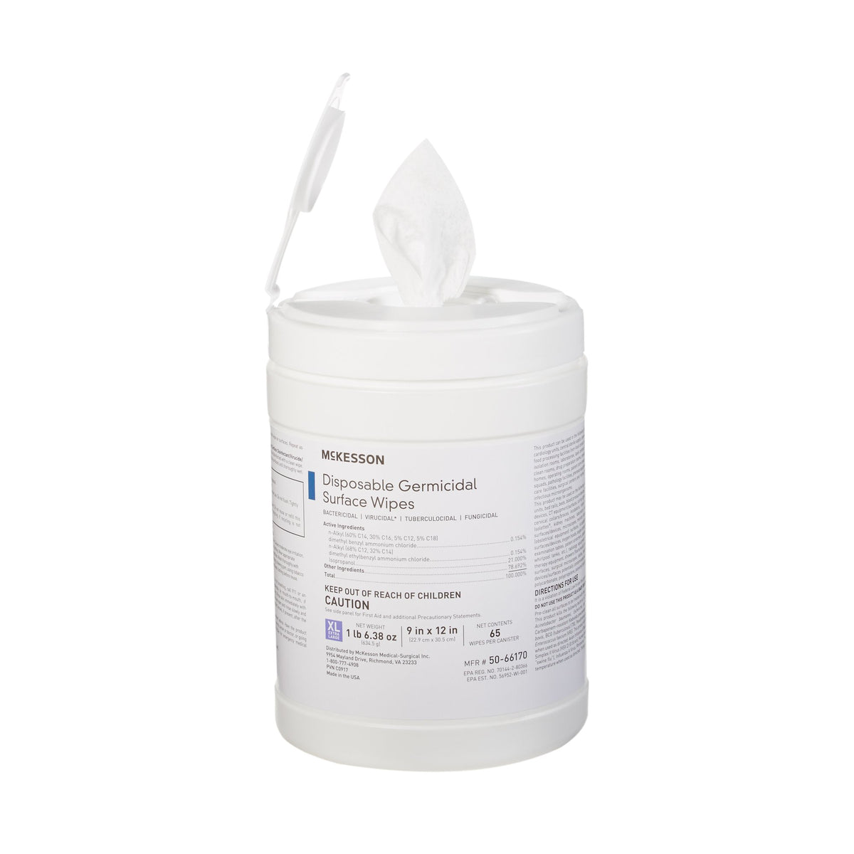 McKesson Germicidal Extra Large Surface Disinfectant Wipes, Canister, 65 ct.-McKesson Surface Disinfectant Premoistened Manual Pull Wipe 65 Count Canister Alcohol Scent NonSterile