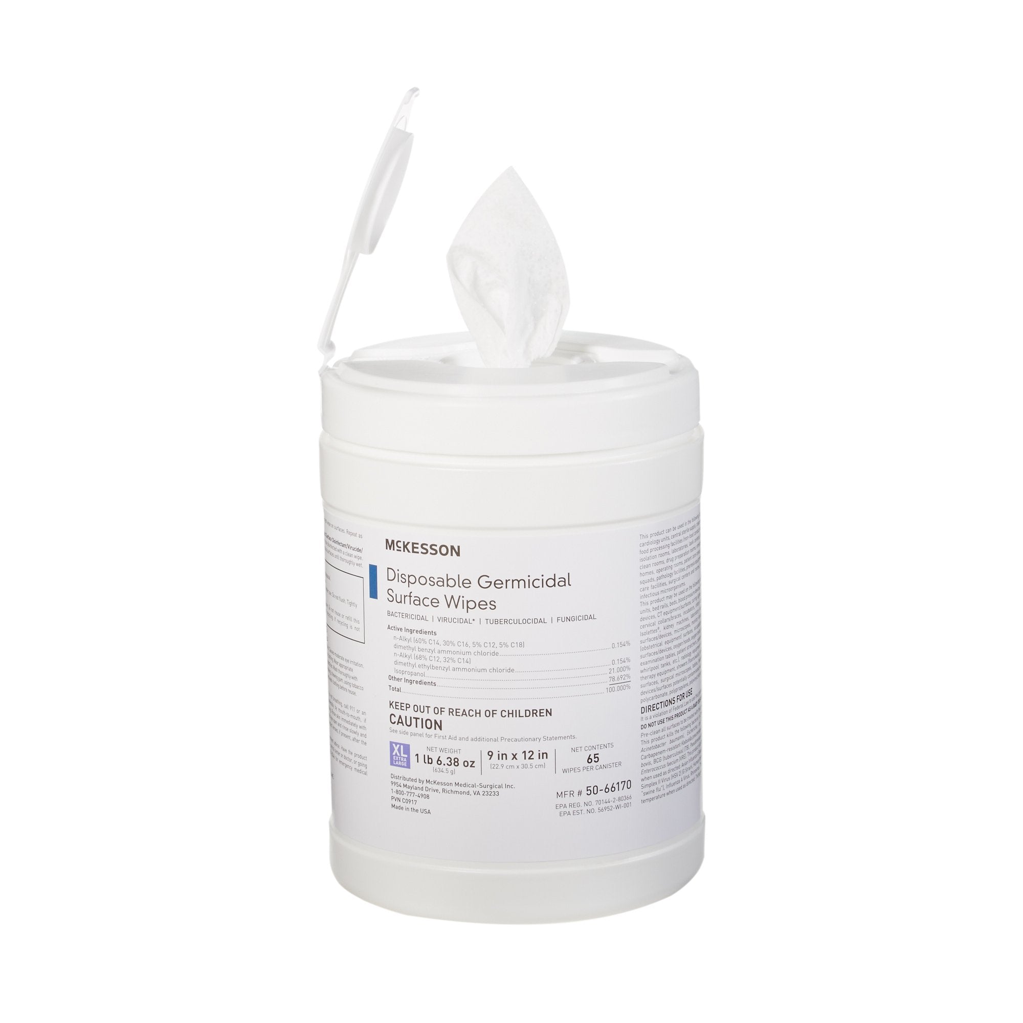 McKesson Germicidal Extra Large Surface Disinfectant Wipes, Canister, 65 ct.-McKesson Surface Disinfectant Premoistened Manual Pull Wipe 65 Count Canister Alcohol Scent NonSterile