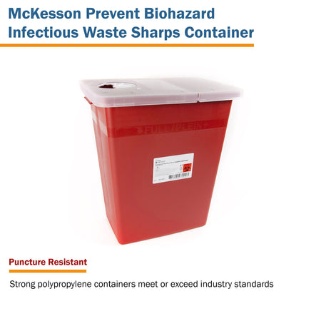 McKesson Prevent Sharps Container, 8 Gallon, 13-3/4 x 13-3/4 x 14 Inch-Sharps Container McKesson Prevent Red Base 13-3/4 W X 13-3/4 D X 14 H Inch Horizontal / Vertical Entry 8 Gallon