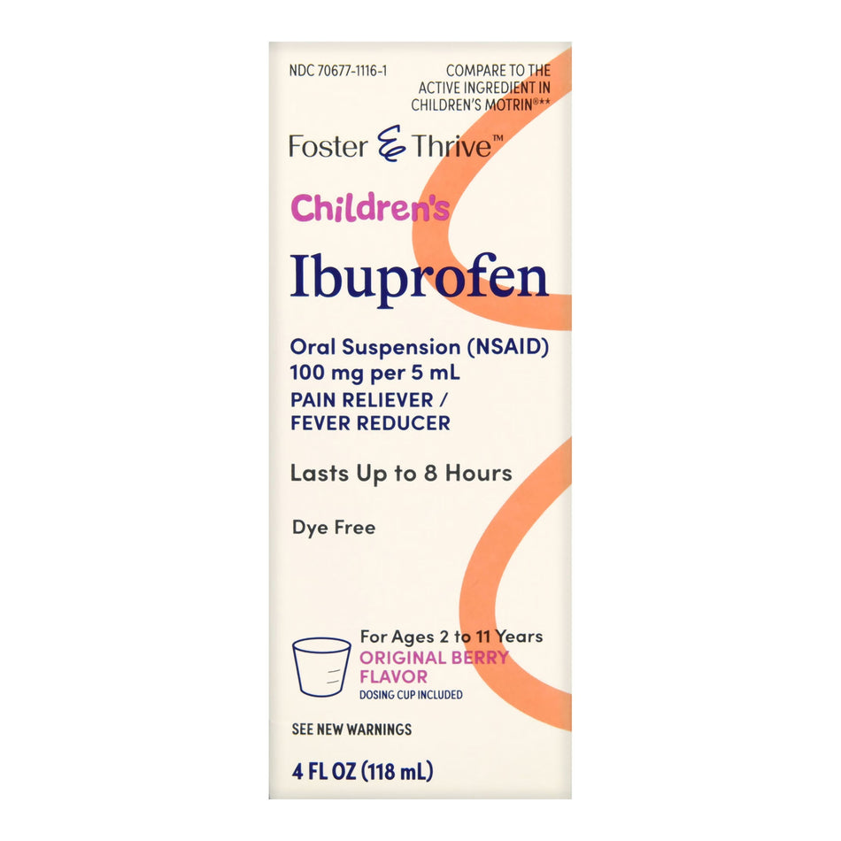 Foster & Thrive Children's Ibuprofen 100 mg pr 5 mL Oral Suspension (NSAID) Dye Free Original Berry-Children's Pain Relief Foster & Thrive 100 mg / 5 mL Strength Ibuprofen Oral Suspension 4 oz.