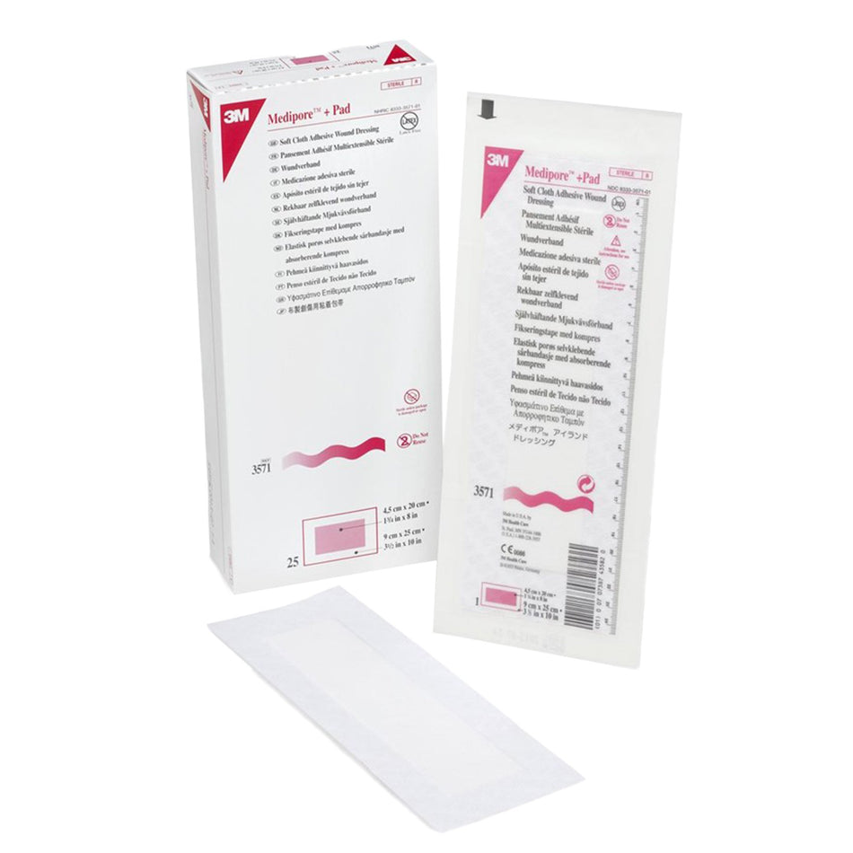 3M� Medipore� + Pad Soft Cloth Adhesive Dressing, 3� x 10 Inch-Composite Dressing 3M� Medipore� 3-1/2 X 10 Inch Rectangle Sterile Nonwoven Backing