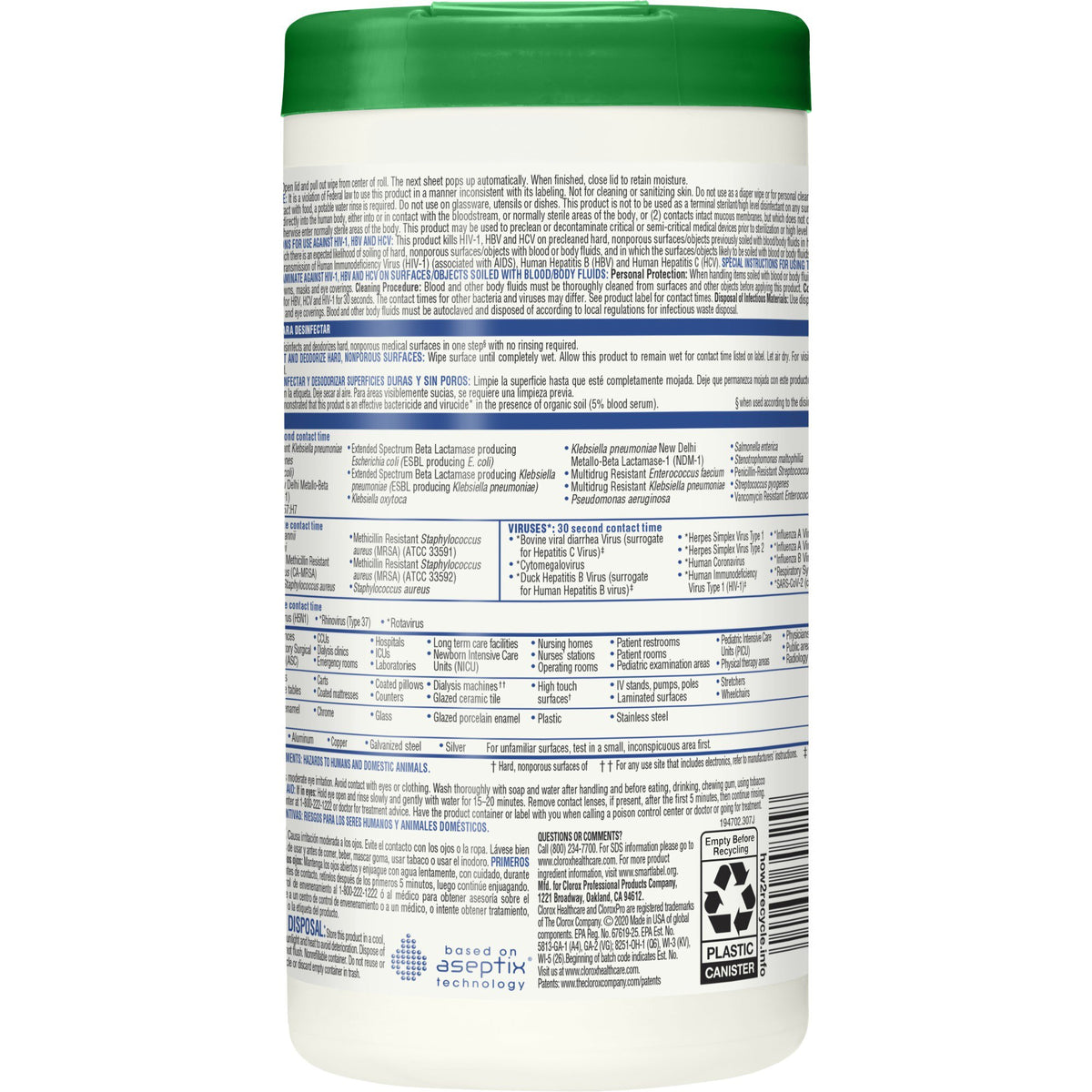 Clorox Healthcare Hydrogen Peroxide Cleaner Disinfectant Wipes, Canister, 155 ct.-Clorox Healthcare Surface Disinfectant Cleaner Premoistened Hydrogen Peroxide Based Manual Pull Wipe 155 Count Canister Unscented NonSterile
