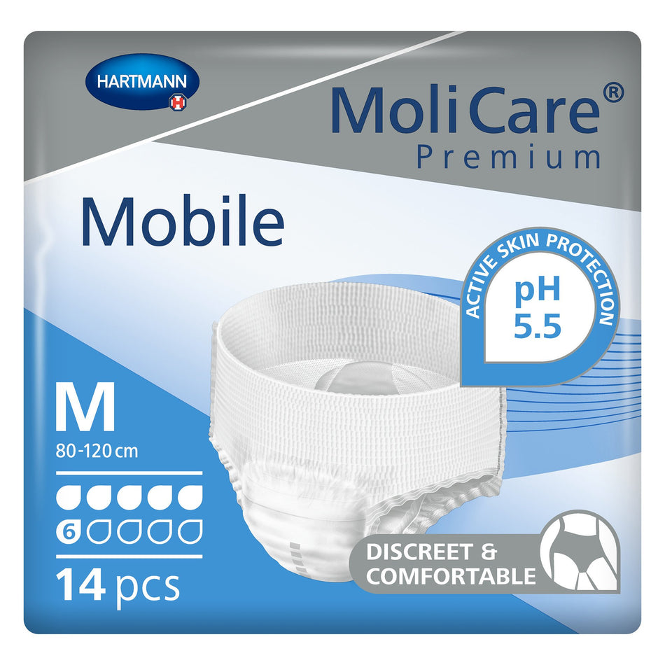 MoliCare Premium Mobile 6 Drop Absorbency Incontinence Underwear, Medium-Unisex Adult Absorbent Underwear MoliCare Premium Mobile 6D Pull On with Tear Away Seams Medium Disposable Moderate Absorbency