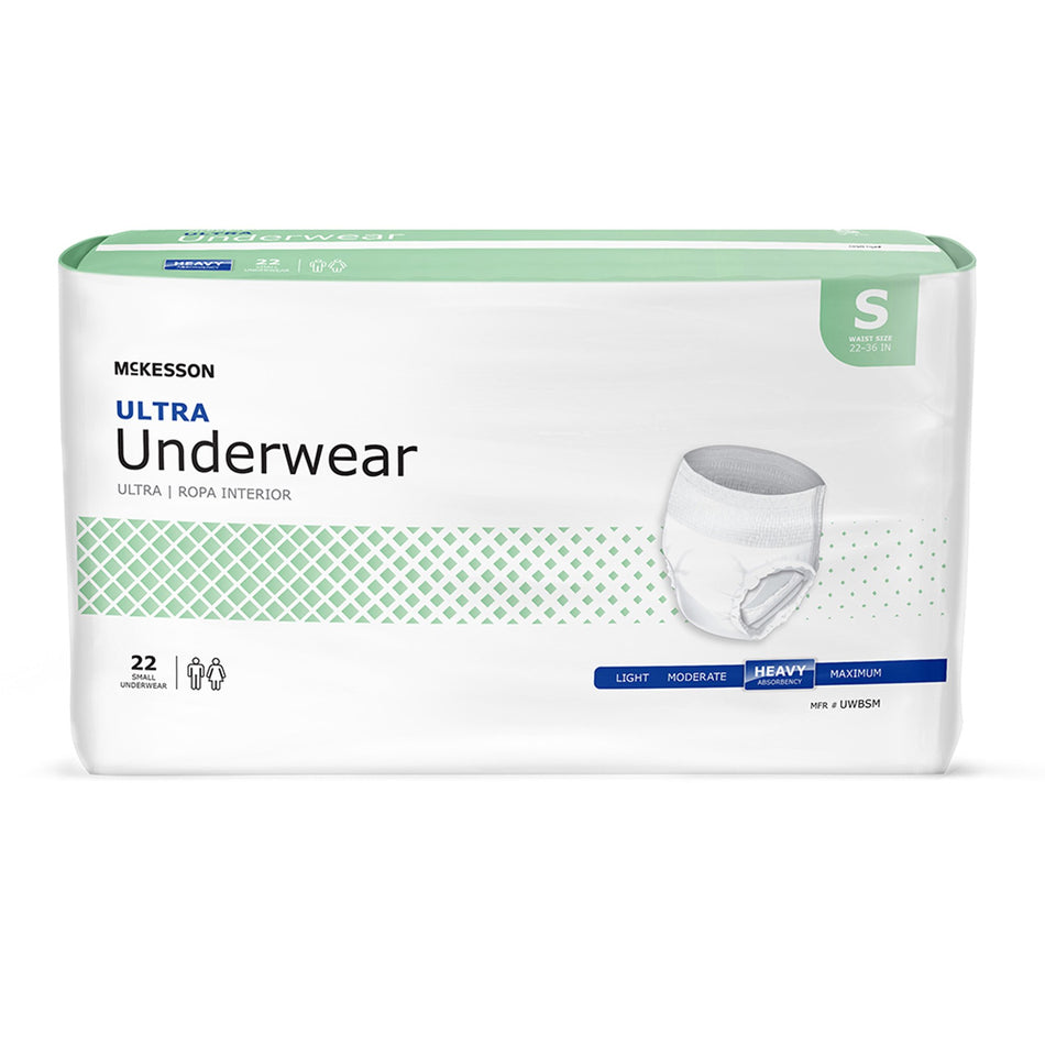 McKesson Ultra Heavy Absorbent Underwear, Small-Unisex Adult Absorbent Underwear McKesson Ultra Pull On with Tear Away Seams Small Disposable Heavy Absorbency