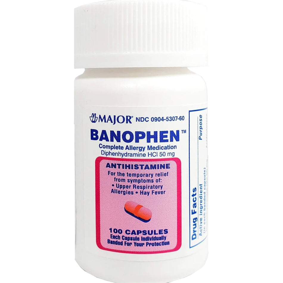 Major Banophen Diphenhydramine Allergy Relief-Allergy Relief Major 50 mg Strength Capsule 100 per Bottle