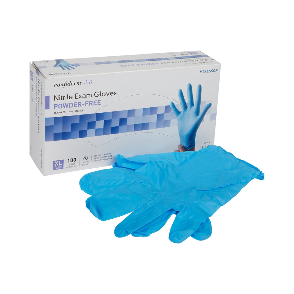 McKesson Confiderm 3.8 Nitrile Exam Glove, Extra Large, Blue-Exam Glove McKesson Confiderm 3.8 X-Large NonSterile Nitrile Standard Cuff Length Textured Fingertips Blue Not Rated