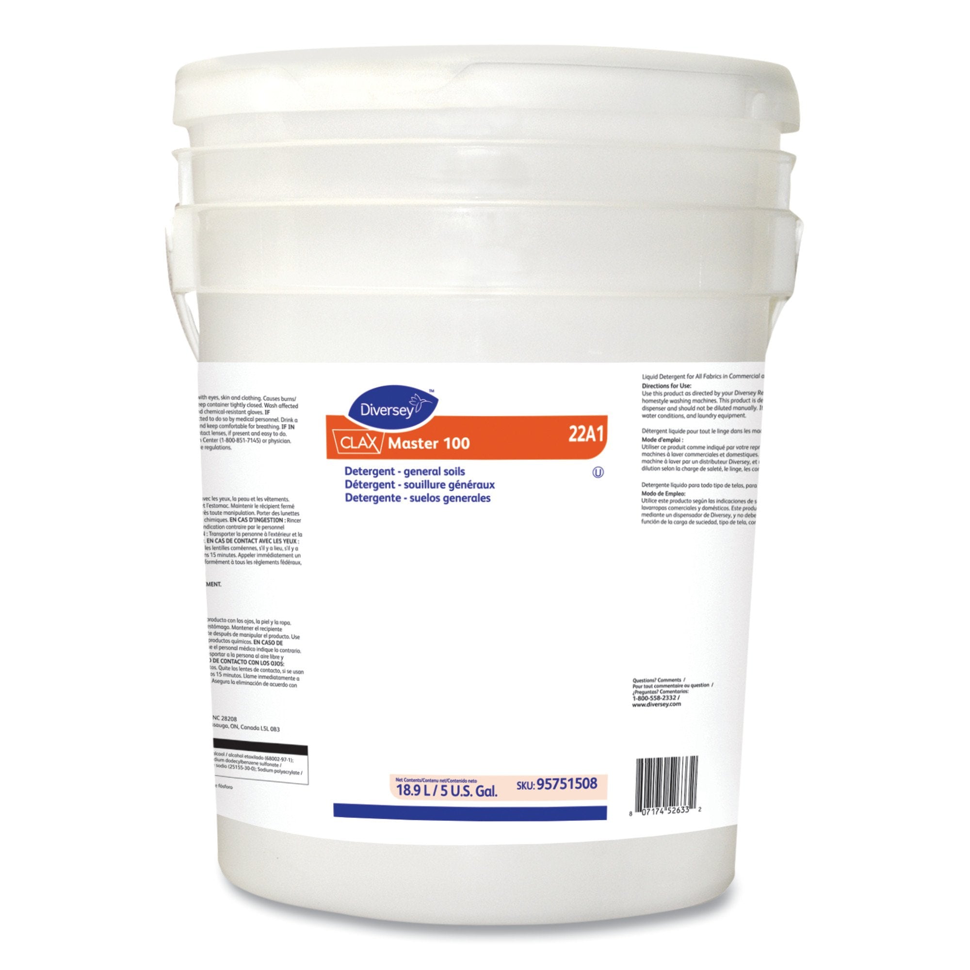 Clax Master Laundry Detergent-Laundry Detergent Diversey Clax Master 100 5 gal. Pail Liquid Unscented