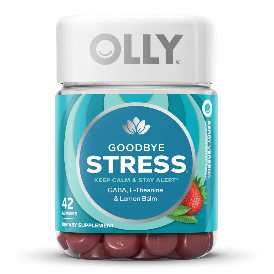 Olly Goodbye Stress Gummies, Berry Verbena-Dietary Supplement OLLY Goodbye Stress GABA / L-Theanine / Lemon Balm Extract 100 mg - 50 mg - 75 mg Strength Gummy 42 per Bottle Berry Verbena Flavor