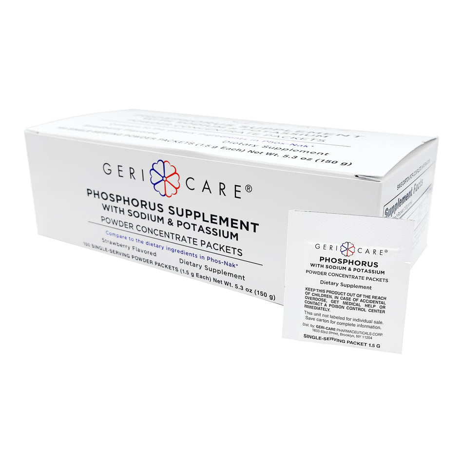 Geri-Care Phosphorus Supplement Powder with Electrolytes, Strawberry Flavor-Dietary Supplement Geri-Care Phosphorus / Sodium / Potassium 250 mg -160 mg - 280 mg Strength Oral Powder 100 per Box Strawberry Flavor