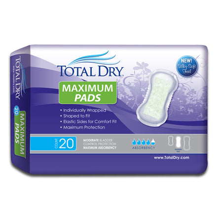 TotalDry Maximum Pads, Moderate Absorbency-Bladder Control Pad TotalDry 13-3/4 Inch Length Moderate Absorbency Polymer Core Regular