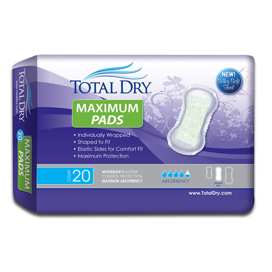 TotalDry Maximum Pads, Moderate Absorbency-Bladder Control Pad TotalDry 13-3/4 Inch Length Moderate Absorbency Polymer Core Regular