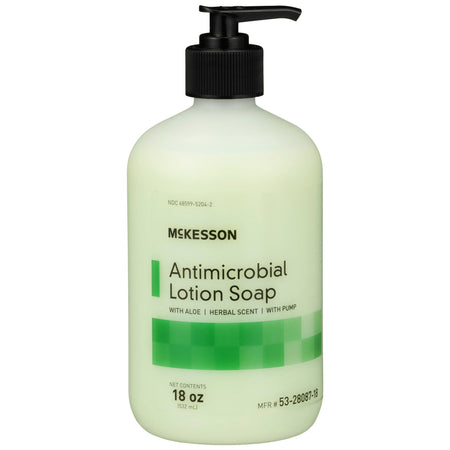 McKesson Antimicrobial Lotion Soap, Herbal Scent, 18 oz, Pump Bottle, Green, 0.95% Strength-Antimicrobial Soap McKesson Lotion 18 oz. Pump Bottle Herbal Scent