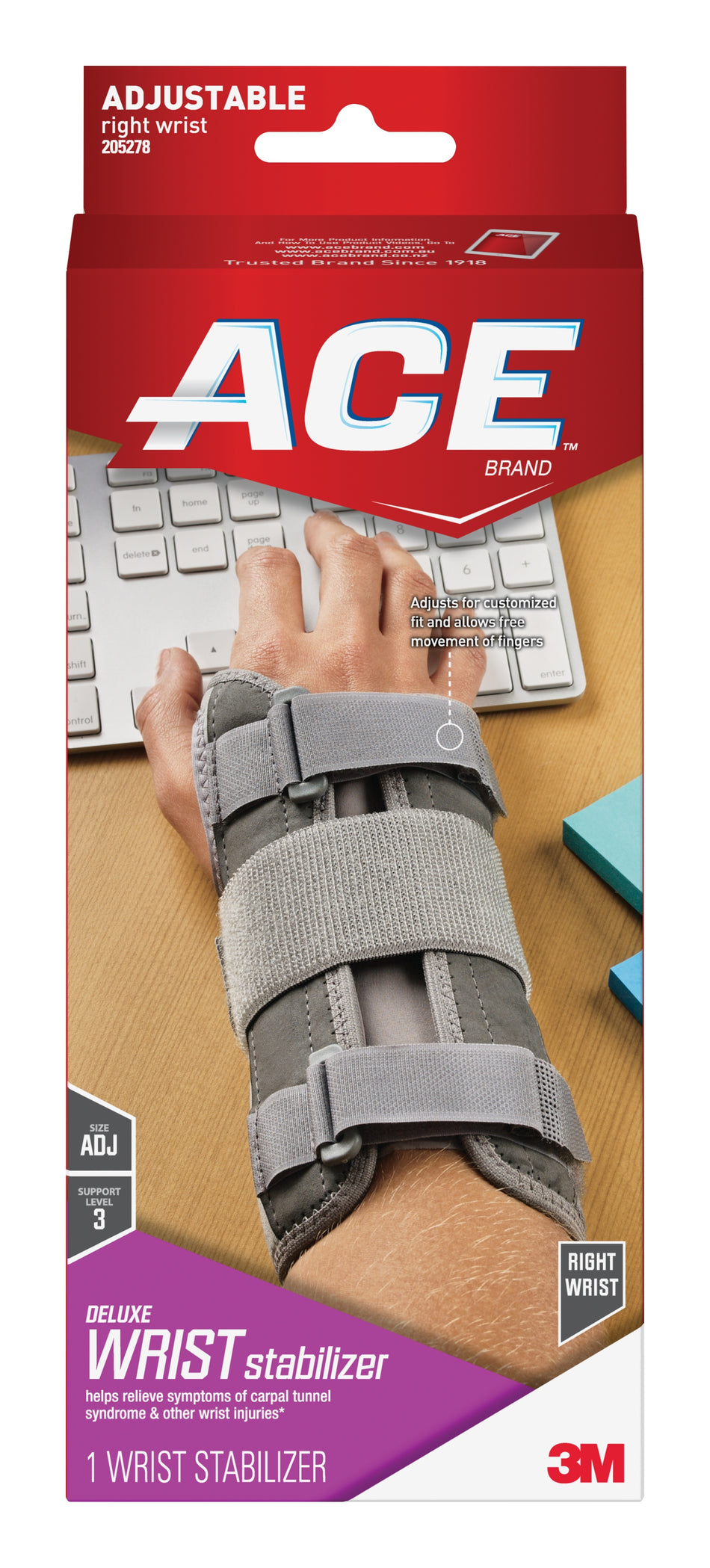 3M Ace Right Wrist Brace, One Size Fits Most-Wrist Brace 3M Ace Aluminum / Nylon / Polyester / Polypropylene / Polyurethane / Spandex Right Hand Gray One Size Fits Most